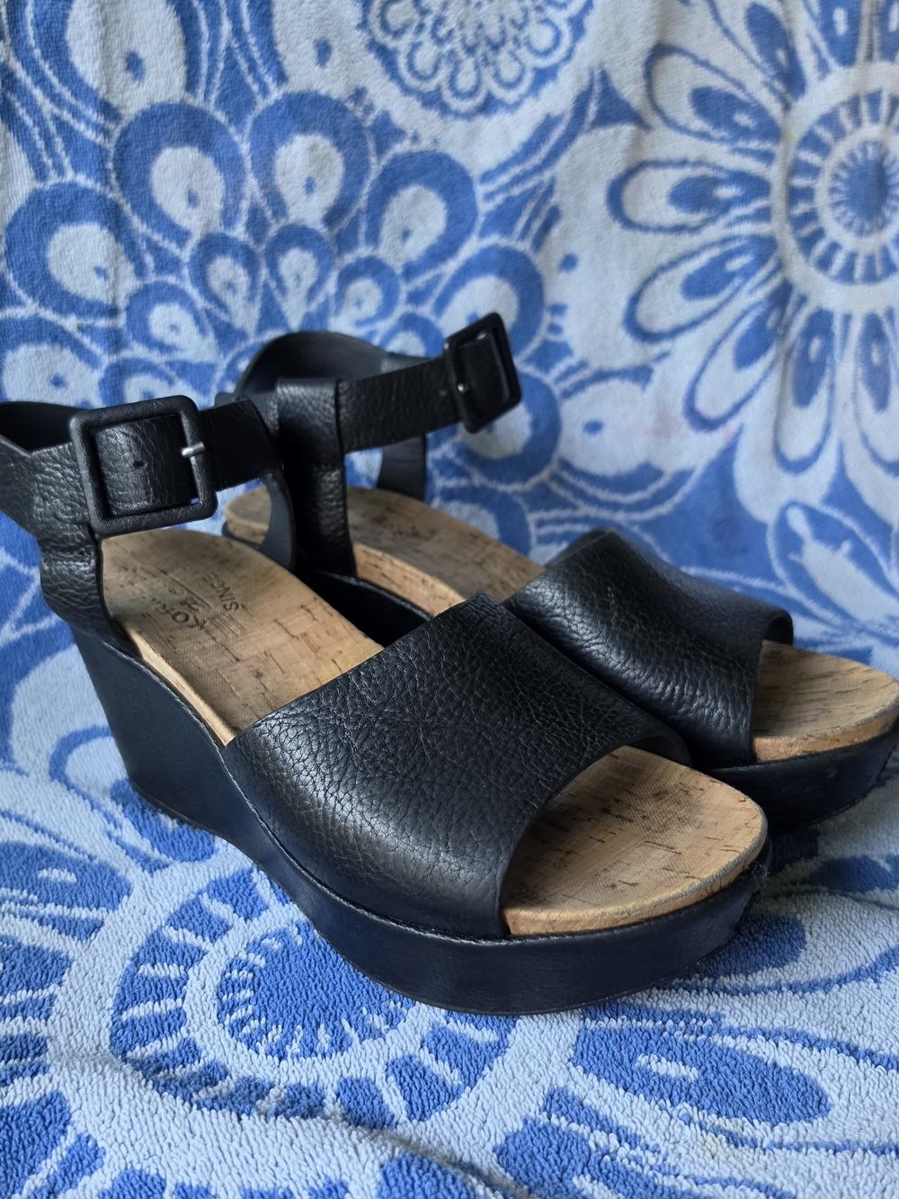 Women's Black Cork Wedge Sandals - Classic Open-Toe - Picture 8 of 8
